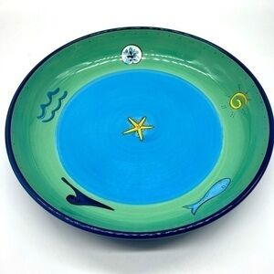 Brushes K.I.C. Hand Painted, Large 13" Pasta Serving Bowl Blue Green Ocean